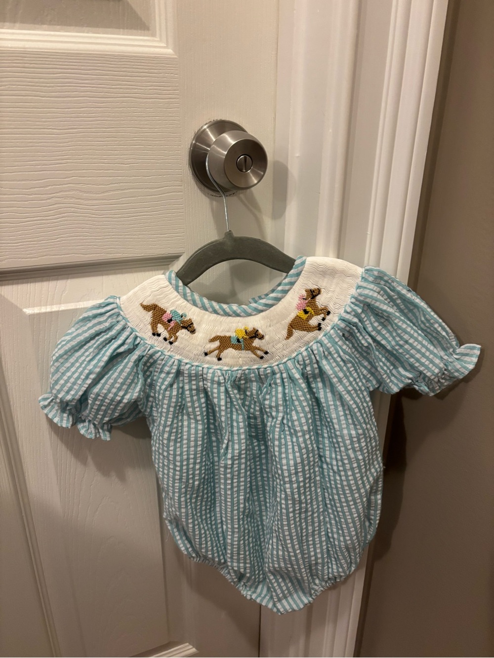 EUC Smocked Bubble with Horse Racing Embroidery
